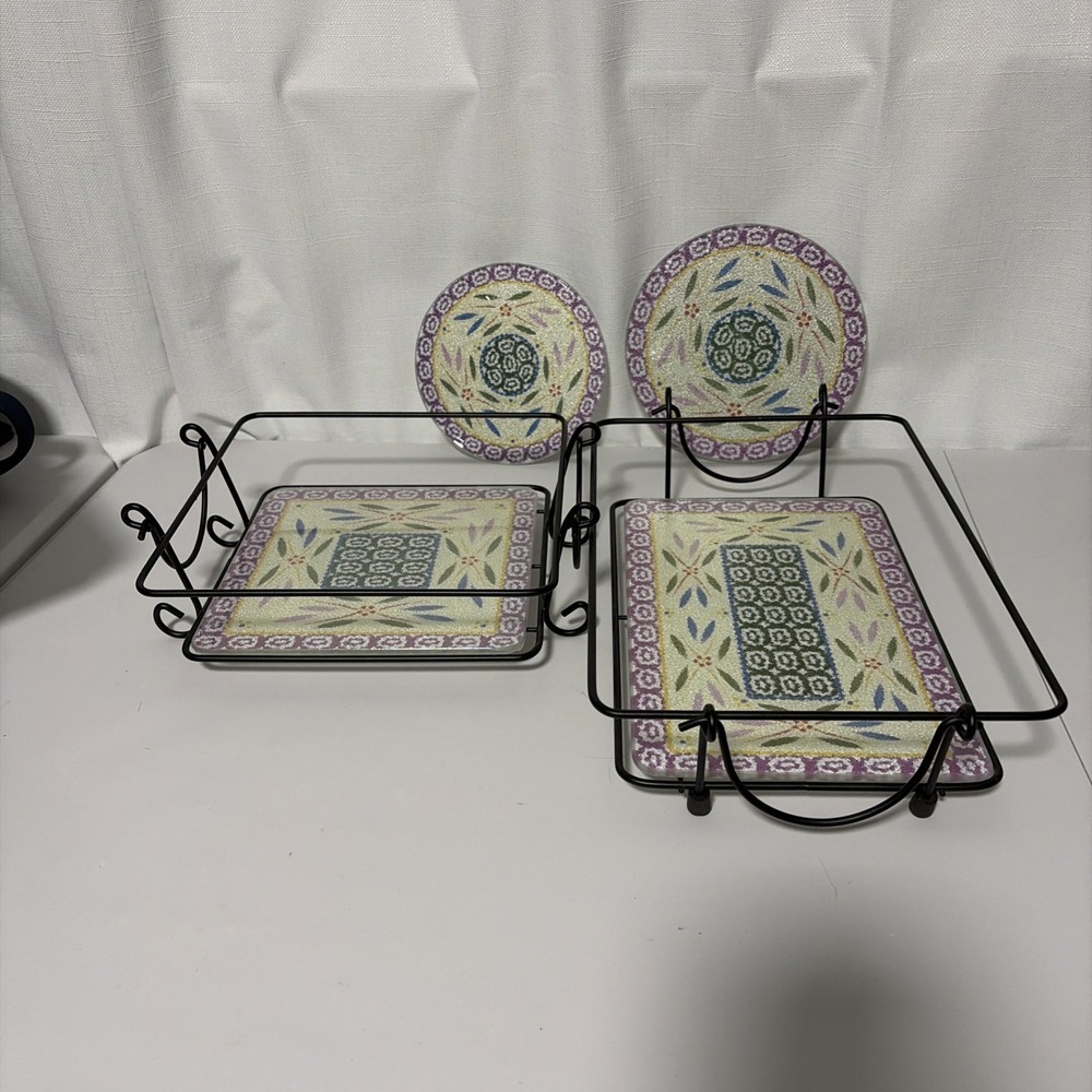 Temptations By Tara Old World Pink And Green 3 Baker Holder And 4 Glass Trivets